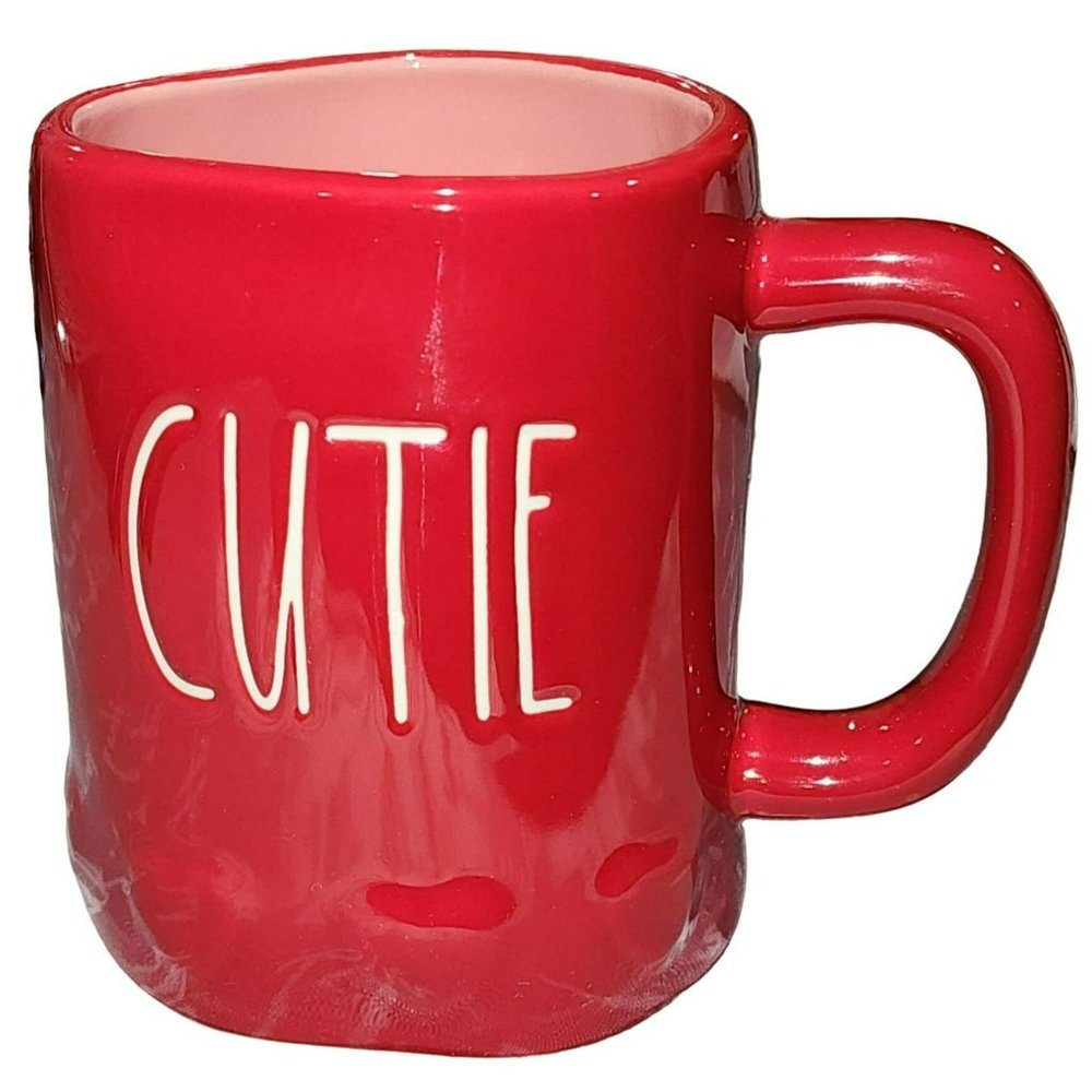 Rae Dunn CUTIE Red Ceramic Coffee Mug 16 Oz Embossed Hearts Around The Bottom‎